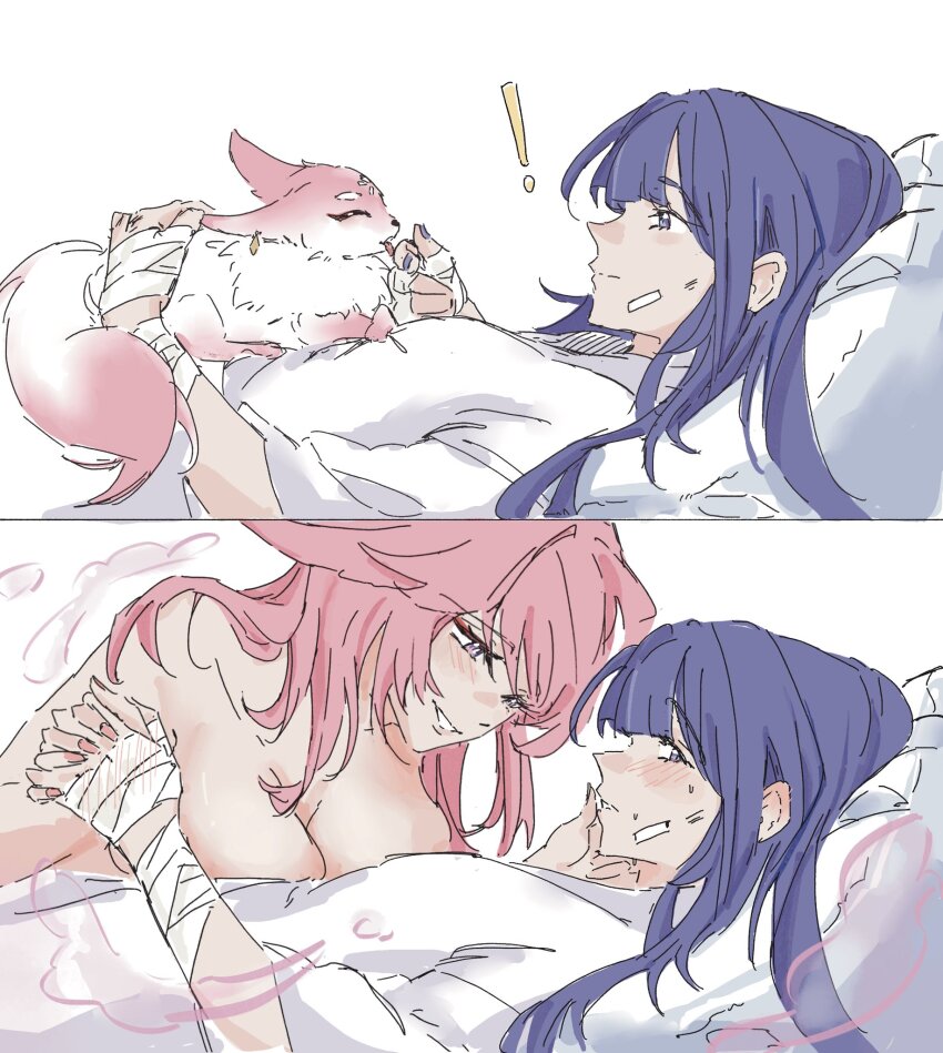! 2girls animal_ears bandaged_wrist bandages blush breast_press breasts closed_mouth commentary fox fox_ears genshin_impact highres kunchim2_cat_transformation_template_(meme) large_breasts long_hair looking_at_another lying_on_person meme multiple_girls parted_lips pink_hair purple_eyes purple_hair purple_nails raiden_shogun simple_background smile symbol-only_commentary transformation white_background yae_miko yae_miko_(fox) yaro_yk yuri