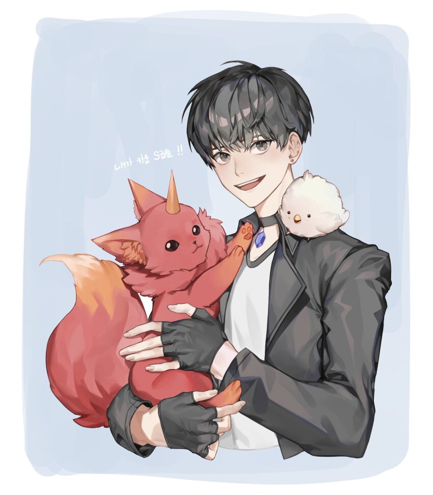 0gong0 1boy animal animal_on_lap black_choker black_eyes black_gloves black_hair black_jacket choker earrings eyes_visible_through_hair fingerless_gloves gloves hair_over_eyes han_yoojin highres holding holding_animal jacket jewelry leather leather_gloves leather_jacket looking_at_viewer naega_kiun_s_geubdeul on_lap open_mouth peace_(naega_kiun_s_geubdeul) shirt short_hair simple_background smile teeth tongue upper_body white_shirt
