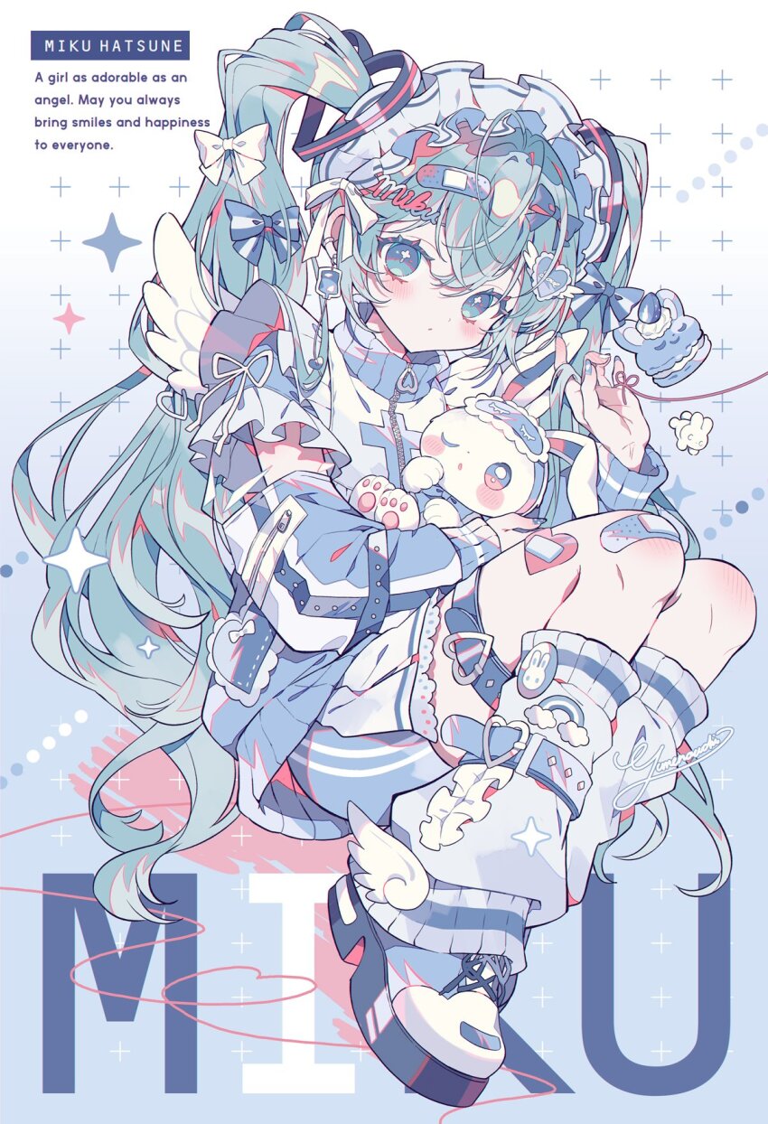 1girl bandaid bandaid_on_hair bandaid_on_knee bandaid_on_leg blue_eyes blue_hair blush bow character_name earrings english_text food full_body garter_straps hair_bow hair_ornament hatsune_miku highres jewelry maid_headdress rabbit socks solo tenshi_kaiwai vocaloid white_socks wings yumenouchi_chiharu