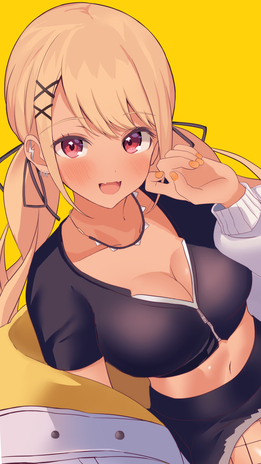 1girl absurdres barbell_piercing black_choker black_ribbon black_shirt black_shorts blonde_hair breasts choker cleavage crop_top dark-skinned_female dark_skin ear_piercing earrings fishnet_pantyhose fishnets gyaru hair_ornament hair_ribbon highres industrial_piercing jacket jewelry kaminari_qpi kaminari_qpi_(2nd_costume) large_breasts long_hair looking_at_viewer low_twintails midriff nakano_kura navel off_shoulder orange_nails pantyhose piercing red_eyes ribbon shirt short_sleeves shorts simple_background smile solo spiked_ear_piercing spiked_necklace swept_bangs twintails very_long_hair virtual_youtuber vspo! white_jacket x_hair_ornament yellow_background yellow_jacket zipper_pull_tab