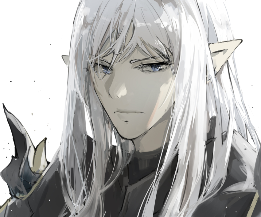 1boy armlet armor black_armor blue_eyes chinese_commentary commentary elezen elf estinien_varlineau expressionless final_fantasy final_fantasy_xiv hair_between_eyes jewelry long_hair looking_at_viewer male_focus pointy_ears shengxianxiaoyupian simple_background solo spiked_armlet straight_hair white_background white_hair