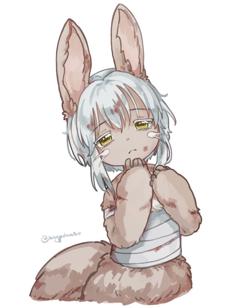 1other animal_ears artist_name bandaged_chest brown_fur closed_mouth commentary_request cropped_torso grey_hair highres kingjoshua looking_at_viewer made_in_abyss nanachi_(made_in_abyss) rabbit_ears short_hair simple_background solo twitter_username whiskers white_background yellow_eyes