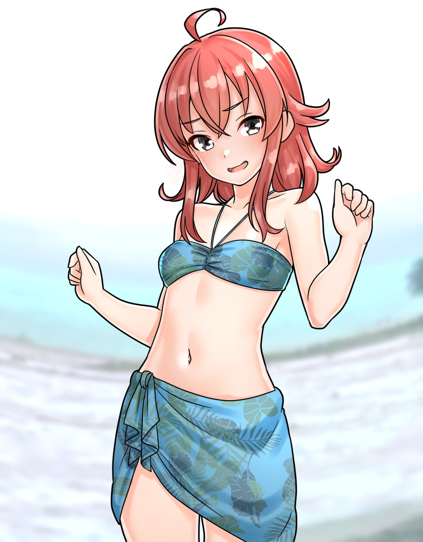 1girl absurdres ahoge aqua_bikini aqua_sarong arashi_(kancolle) beach bikini blurry blurry_background blush commentary_request day furaggu_(frag_0416) highres kantai_collection medium_hair messy_hair navel open_mouth outdoors print_sarong red_hair sarong smile solo standing stomach swimsuit thighs variant_set