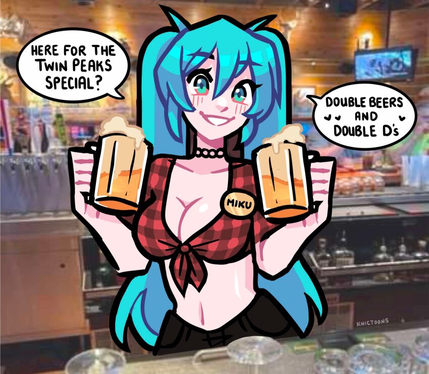 1girl aqua_eyes aqua_hair bar_(place) beer_mug breasts choker cleavage cup english_text hair_between_eyes hatsune_miku highres holding holding_cup indoors knic_toons long_hair medium_breasts midriff midwestern_miku_(knic_toons) mug navel parted_lips photo_background plaid_clothes plaid_shirt red_shirt shirt short_sleeves smile solo speech_bubble tied_shirt twin_peaks_(restaurant) very_long_hair vocaloid