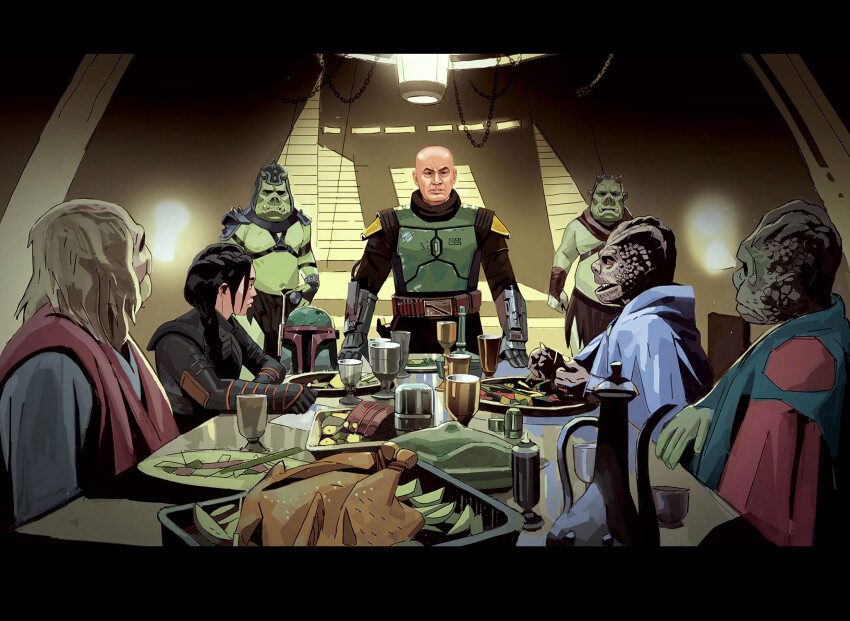 1girl 6+boys alien amad_mir armor bald black_hair blonde_hair boba_fett colored_skin food gamorrean green_skin highres indoors letterboxed mandalorian mandalorian_armor mandalorian_helmet multiple_boys sitting standing star_wars star_wars:_unlimited table trandoshan