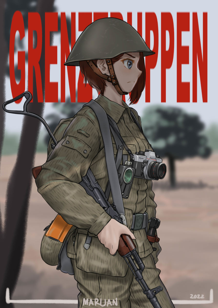 2022 absurdres angry artist_name blue_eyes camera dated east_germany east_germany_military_uniform flashlight german_text grey_helmet gun helmet highres holding holding_weapon looking_away looking_to_the_side mardjan military military_combat_uniform military_fatigues military_uniform original outside_border rifle serious short_hair tree weapon