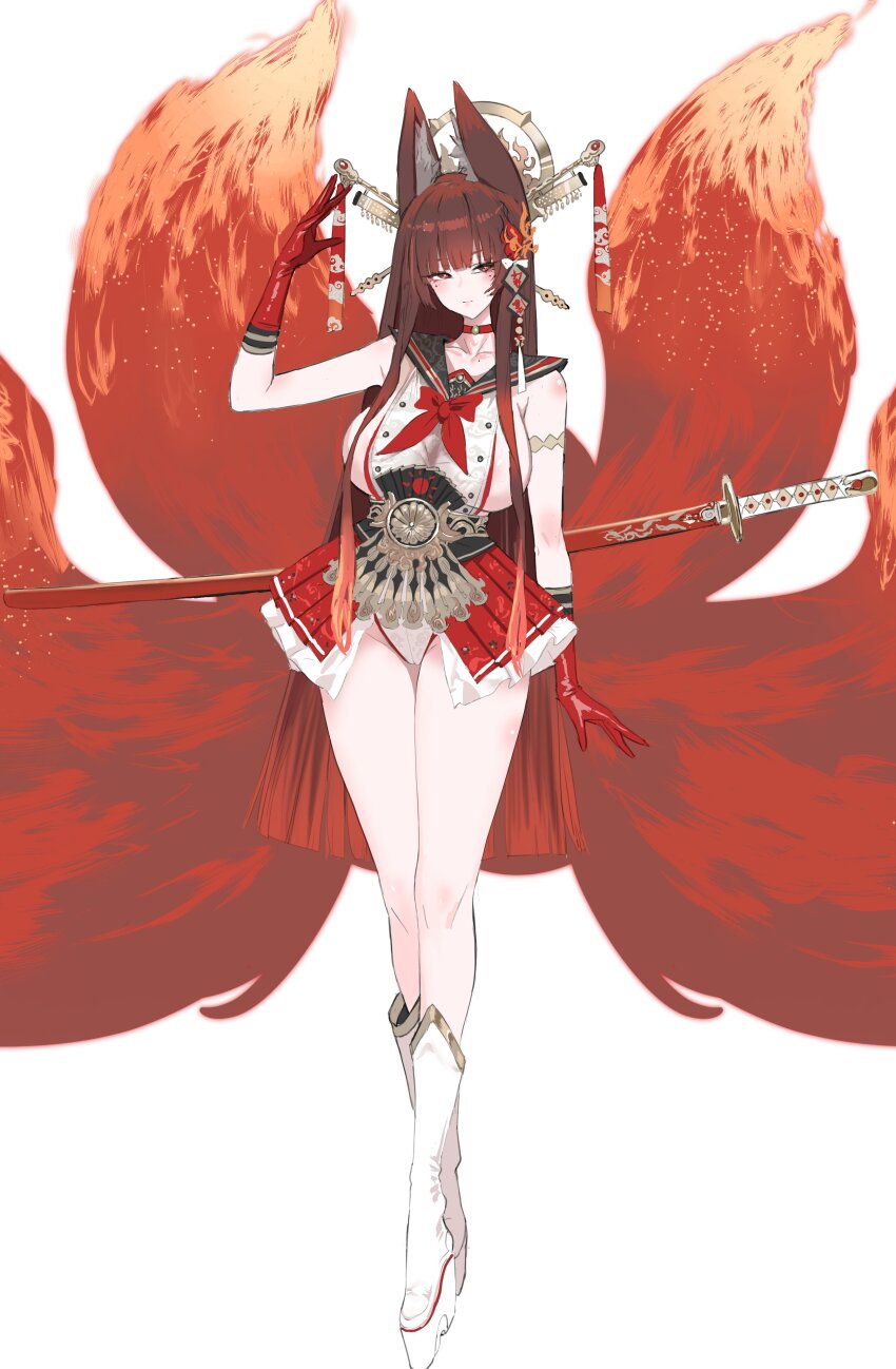 1girl absurdres animal_ears arm_up azur_lane bow breasts brown_hair choker dishwasher1910 fox_ears fox_tail gloves gradient_hair highres katana large_breasts leotard multicolored_hair multiple_tails necktie original red_bow red_choker red_gloves red_hair red_serafuku school_uniform serafuku sheath sideboob sword tail weapon
