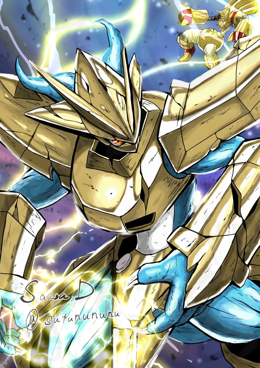 armor artist_name blue_skin colored_skin commentary damaged digimon digimon_(creature) dragon electricity fewer_digits gold_armor gold_helmet helmet highres injury magnamon muted_color rapidmon_(armor) sawa_d shoulder_armor signature tail trait_connection twitter_username