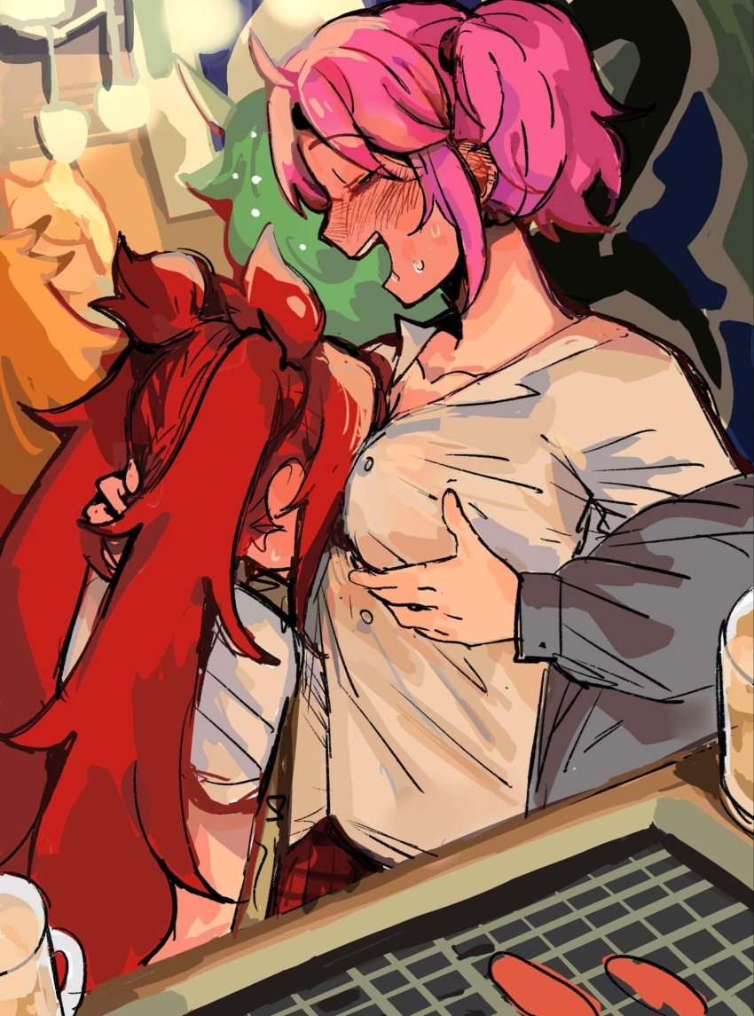 2girls :d ahoge between_breasts blush breasts collarbone dress_shirt from_side grey_jacket head_between_breasts highres jacket jinx_(league_of_legends) kid_sppinarl league_of_legends lux_(league_of_legends) multiple_girls off_shoulder open_clothes open_jacket open_mouth pink_hair red_hair shirt smile star_guardian_(league_of_legends) star_guardian_jinx star_guardian_lux sweat table teeth twintails upper_teeth_only white_shirt