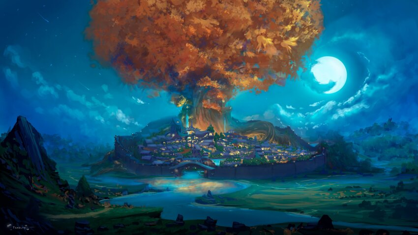 absurdres artist_name autumn_leaves cloud commentary english_commentary giant_tree grasslands highres landscape leaf moon nature night night_sky no_humans original outdoors reflection reflective_water river scenery sky stone_wall town tree tsaelyh water waterfall wide_shot
