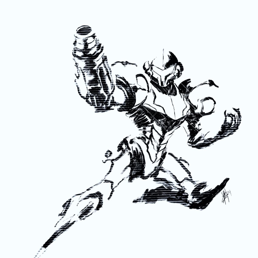 1girl alzandahh arm_cannon armor assault_visor commentary english_commentary facing_viewer gun helmet highres metroid monochrome nintendo normal_suit_(metroid) power_armor power_suit power_suit_(metroid) samus_aran science_fiction simple_background sketch solo varia_suit weapon white_background