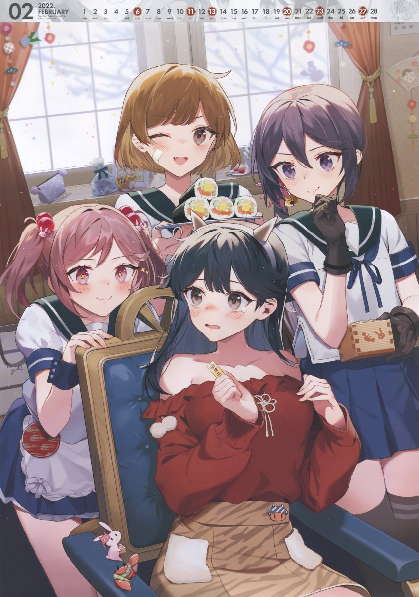 4girls :3 absurdres akebono_(kancolle) akebono_kai_ni_(kancolle) animal bandaid bandaid_on_face bell black_gloves black_hair black_legwear blue_skirt blush brown_eyes brown_skirt calendar_(medium) chair crab curtains drew_(drew213g) ehoumaki fake_horns flower food gloves green_sailor_collar hair_bell hair_between_eyes hair_bobbles hair_flower hair_ornament highres horns incredibly_absurdres jingle_bell kantai_collection light_brown_hair long_hair long_sleeves makizushi masu multiple_girls oboro_(kancolle) off-shoulder_shirt off_shoulder official_art one_eye_closed oni_horns open_mouth pet pink_eyes pink_flower pink_hair pleated_skirt purple_eyes purple_hair rabbit red_shirt sailor_collar sazanami_(kancolle) scan school_uniform serafuku shirt short_hair short_sleeves side_ponytail sitting skirt smile sushi thighhighs twintails ushio_(kancolle) window wrist_cuffs