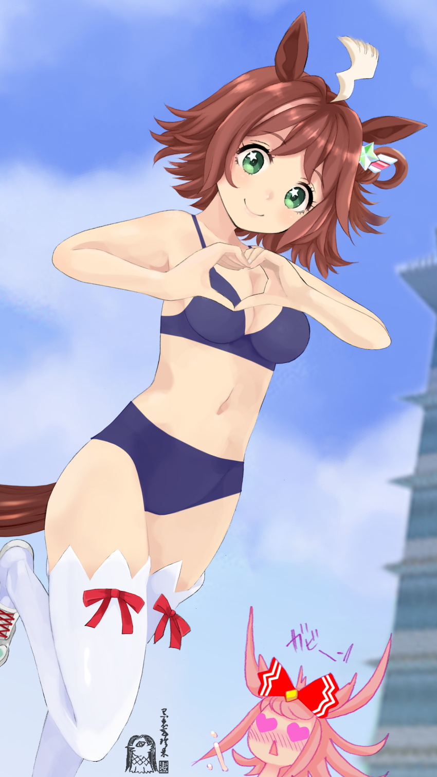 2girls absurdres agnes_digital_(umamusume) ahoge alternate_costume animal_ears blush bra breasts brown_hair cloritin commentary_request green_eyes heart heart-shaped_pupils heart_hands highres horse_ears horse_tail looking_at_viewer medium_breasts medium_hair multiple_girls panties pink_hair rhein_kraft_(umamusume) sky smile standing standing_on_one_leg symbol-shaped_pupils tail thighhighs umamusume underwear
