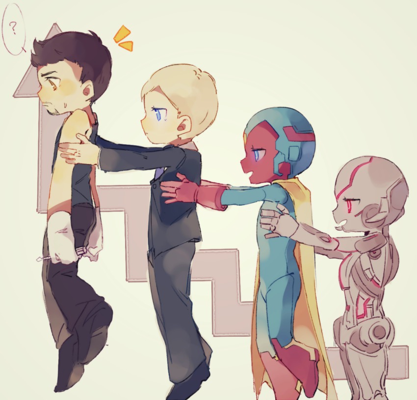 4boys android animification avengers:_age_of_ultron avengers_(series) bad_id bad_pixiv_id black_hair blonde_hair highres jarvis_(mcu) male_focus marvel marvel_cinematic_universe multiple_boys personification qin_(7833198) simple_background tony_stark ultron vision_(marvel)