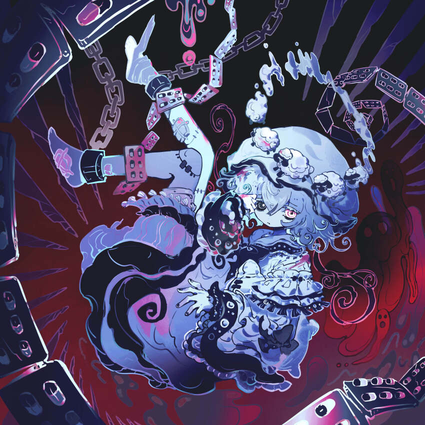 1girl absurdres barefoot black_eyes bloomers cartridge chain chained_legs counting_sheep dress floating frilled_dress frills full_body hair_between_eyes hat heterochromia highres lankilanki layered_sleeves long_sleeves looking_at_viewer medium_hair mob_cap nail_polish original pill print_dress print_sleeves solo stitched_leg stitches underwear white_eyes wide_sleeves
