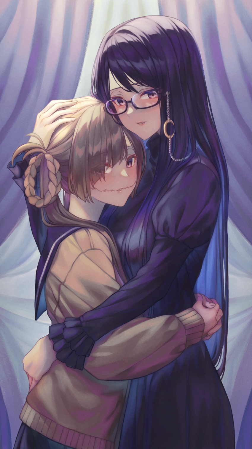 2girls absurdres bad_id bad_pixiv_id banana_oekaki blush braid braided_hair_rings brown_cardigan brown_hair cardigan chain dress eyelashes eyewear_strap frilled_sleeves frills glasgow_smile glasses hair_rings hand_on_another&#039;s_head highres light_smile lips long_hair looking_at_viewer multiple_girls own_hands_clasped own_hands_together parted_lips purple_dress purple_eyes purple_hair scar scar_on_face school_uniform semi-rimless_eyewear serafuku urasekai_picnic uruma_satsuki urumi_luna very_long_hair
