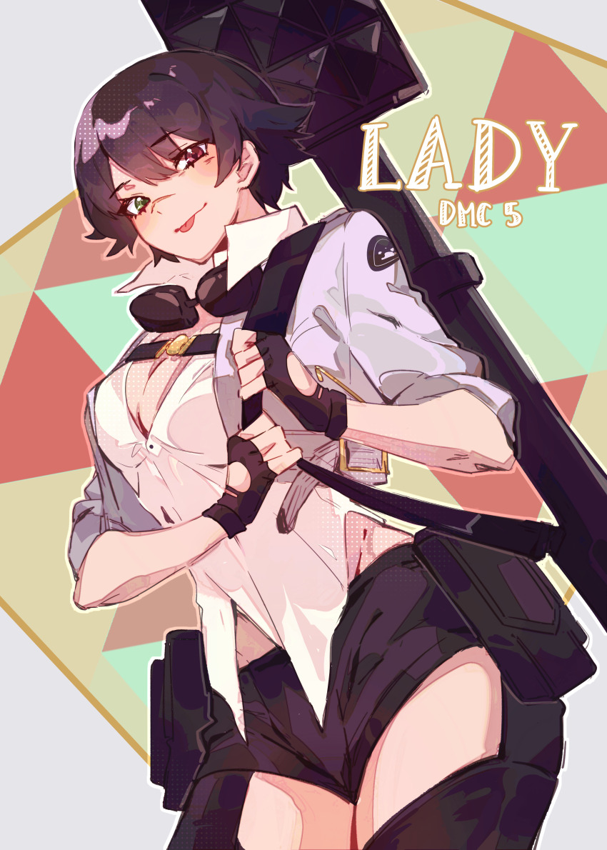1girl absurdres black_gloves black_hair black_shorts character_name devil_may_cry_(series) devil_may_cry_5 fingerless_gloves gloves goggles goggles_around_neck heterochromia highres jacket kalina_ann_(weapon) lady_(devil_may_cry) lonelyoleander looking_at_viewer rocket_launcher scar scar_on_face scar_on_nose shirt short_hair shorts weapon white_jacket white_shirt