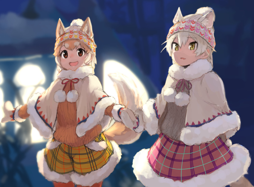 2girls alternate_costume animal_ears brown_eyes cat_(kemono_friends) cat_ears cat_tail cloak commentary_request dog_(shiba_inu)_(kemono_friends) dog_ears dog_tail ears_through_headwear extra_ears fur_collar fur_trim hat holding_hands kemono_friends kemono_friends_festival light_brown_hair long_sleeves mittens multicolored_hair multiple_girls neck_ribbon plaid_clothes plaid_shorts plaid_skirt ribbon rumenia_(ao2is) short_hair shorts skirt sweater tail white_hair winter_clothes yellow_eyes