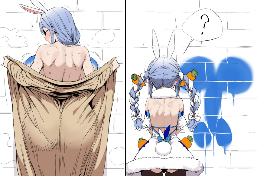1futa 1girl ? absurdres animal_ears ass blue_hair blush braid breasts brick_wall brown_coat carrot_hair_ornament closed_eyes closed_mouth coat dress food-themed_hair_ornament from_behind futanari hair_ornament highres hololive huge_breasts huge_penis long_hair long_sleeves multicolored_hair open_clothes open_coat paint paint_on_body pekomama penis rabbit_ears rabbit_girl rabbit_tail shoulder_blades smile spoken_question_mark standing sweat tail twin_braids usada_pekora usada_pekora_(1st_costume) virtual_youtuber white_dress white_fur white_hair xipa