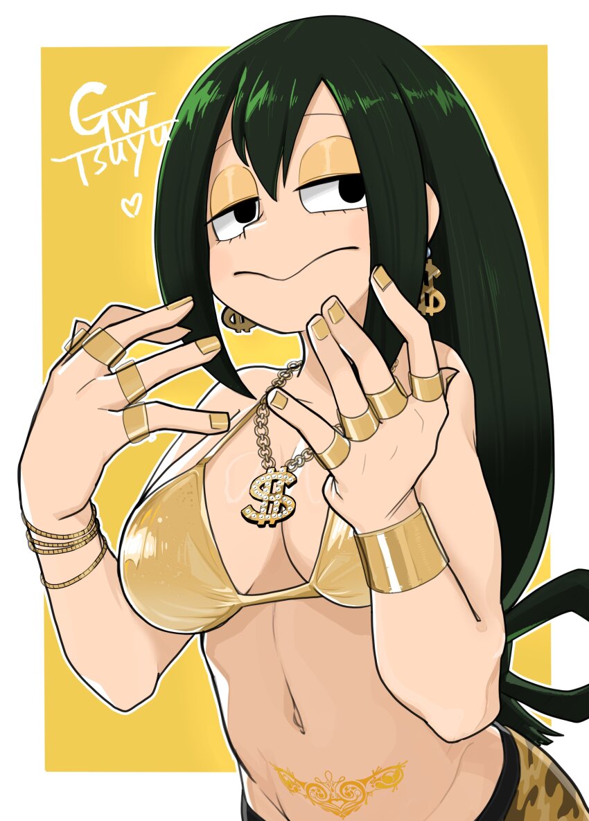 1girl absurdres asui_tsuyu bare_shoulders bikini black_eyes boku_no_hero_academia border breasts character_name dollar_sign earrings gold_bikini gold_earrings gold_pendant golden_week golden_week_bikini green_hair highres jewelry large_breasts navel pubic_tattoo shinsutebachi simple_background solo swimsuit tattoo white_border yellow_background yellow_theme