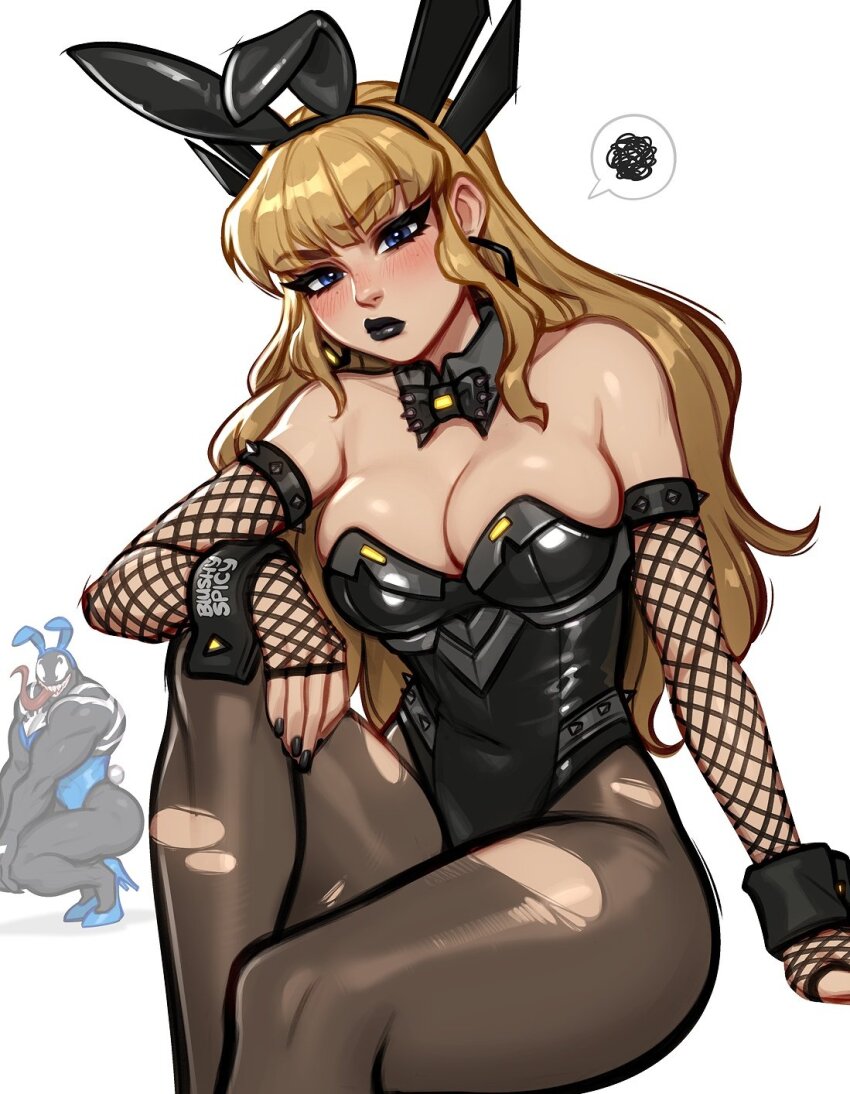 1boy 1girl animal_ears armlet artist_name black_leotard black_lips black_nails blonde_hair blue_eyes blush blushyspicy bow bowtie breasts cleavage clothes_writing covered_navel cowboy_shot detached_collar earrings fake_animal_ears fake_tail fishnet_sleeves fishnets high_heels highleg highleg_leotard highres jewelry large_breasts leotard long_hair looking_at_viewer magik_(x-men) marvel marvel_rivals pantyhose playboy_bunny rabbit_ears skindentation sleeves_past_wrists speech_bubble spider-man_(series) spiked_armlet strapless strapless_leotard tail thighhighs torn_clothes torn_pantyhose traditional_bowtie venom_(marvel) white_background wrist_cuffs x-men
