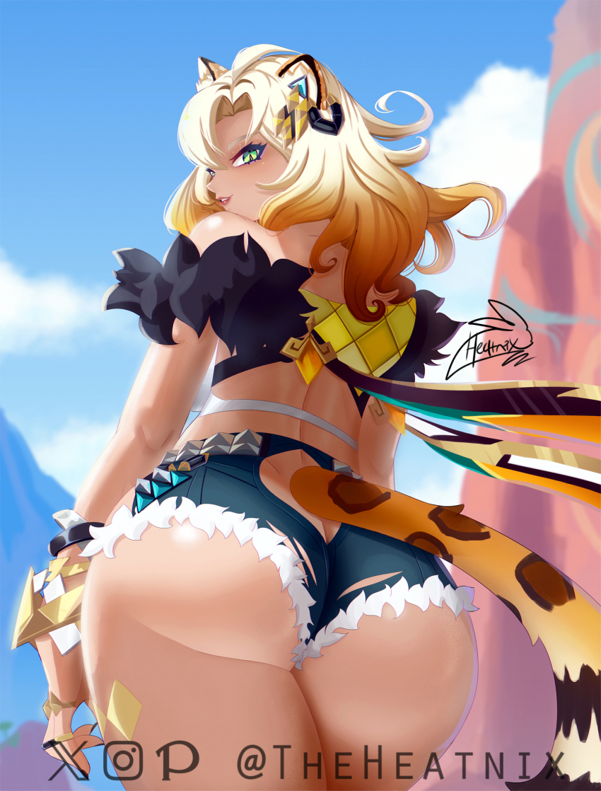 1girl animal_ears artist_name ass bare_shoulders blonde_hair butt_crack come_hither dark_skin from_behind genshin_impact green_eyes highres huge_ass jaguar_ears jaguar_tail long_hair looking_at_viewer looking_back nail_polish open_mouth short_shorts shorts smile solo tail theheatnix xilonen_(genshin_impact)