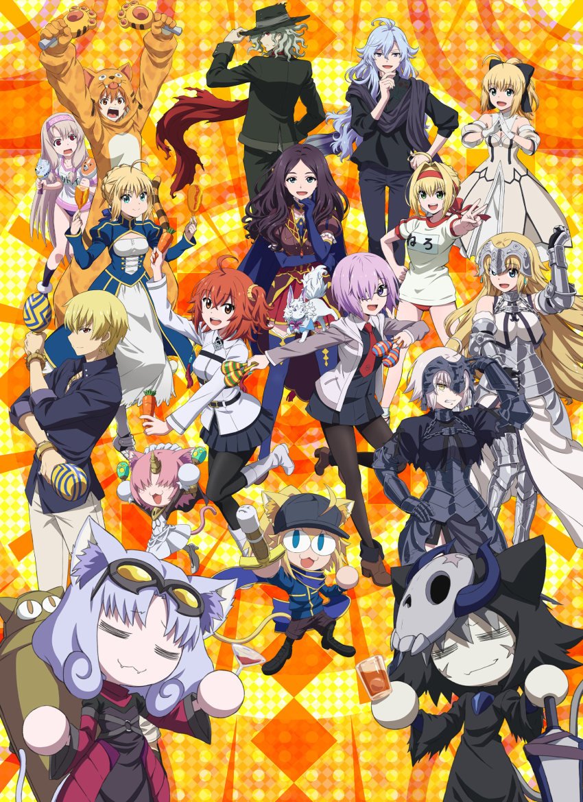 2boys 6+girls absurdres ahoge alcohol armor armored_dress artoria_pendragon_(fate) baseball_cap black_dress black_pantyhose black_skirt blonde_hair blue_eyes boots breasts brown_hair buruma carrot chaldea_uniform confetti corn_dog cosplay cup dress drinking_glass edmond_dantes_(fate) edmond_dantes_(first_ascension)_(fate) fangs fate/grand_carnival fate/grand_order fate_(series) fou_(fate) fujimaru_ritsuka_(female) gauntlets gilgamesh gilgamesh_(caster)_(fate) gilgamesh_(establishment)_(fate) gilgamesh_(fate) glasses green_eyes gym_uniform hair_ornament hair_over_one_eye hair_scrunchie hat highres horns illyasviel_von_einzbern instrument jacket jaguarman_(fate) jeanne_d&#039;arc_(fate) jeanne_d&#039;arc_(ruler)_(fate) jeanne_d&#039;arc_(third_ascension)_(fate) jeanne_d&#039;arc_alter_(avenger)_(fate) jeanne_d&#039;arc_alter_(fate) key_visual large_breasts light_purple_hair long_sleeves looking_at_viewer looking_back maracas mash_kyrielight mask medium_breasts merlin_(camelot_&amp;_co)_(fate) merlin_(fate) multiple_boys multiple_girls mysterious_neco_v mysterious_neco_w mysterious_neco_x mysterious_neco_y necktie nero_claudius_(fate) nero_claudius_(fate/extra) nero_claudius_(olympian_bloomers)_(fate) official_alternate_costume official_art open_mouth orange_eyes orange_hair pantyhose pleated_skirt promotional_art purple_eyes red_eyes saber_lily scar scar_on_face scarf scrunchie shinai short_hair side_ponytail single_horn sitonai_(fate) skirt skull_mask small_breasts smile sword tail teeth thighhighs upper_teeth_only weapon white_footwear wine wine_glass yellow_eyes zettai_ryouiki