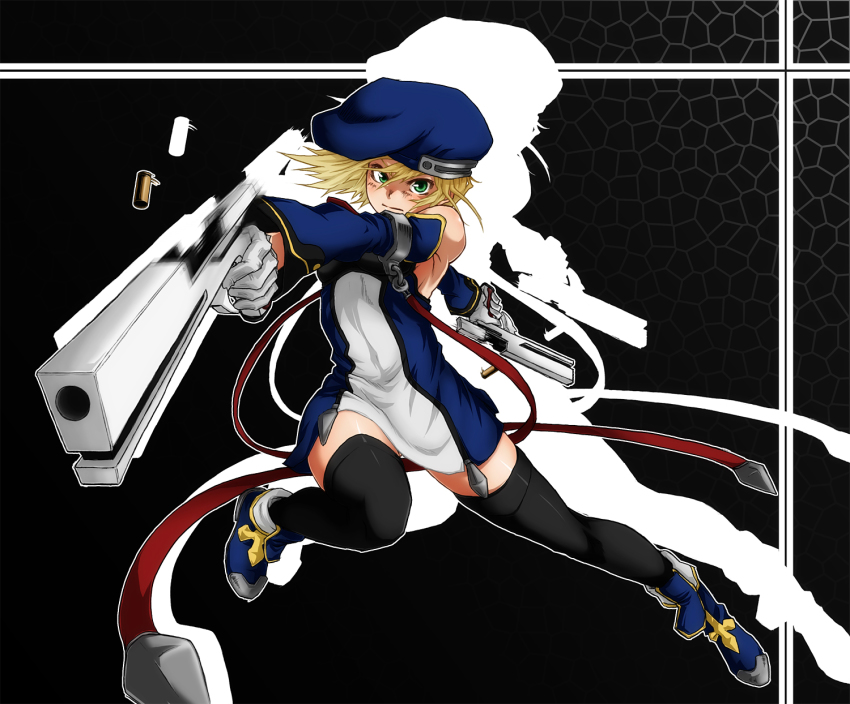 1girl arc_system_works blazblue blonde_hair blue_boots boots dual_wielding female_focus gloves green_eyes gun handgun hat highres holding noel_vermillion solo tansan_otoko thighhighs weapon