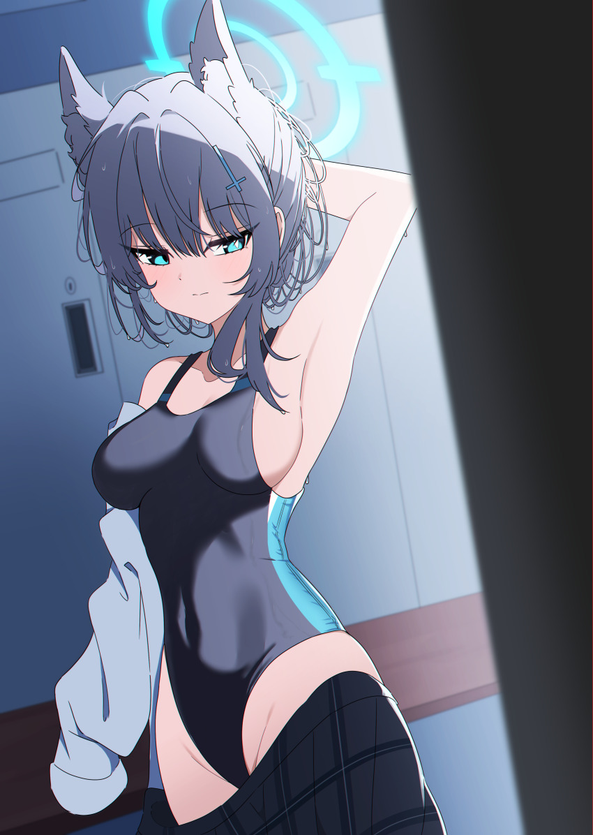 1girl absurdres animal_ear_fluff animal_ears black_one-piece_swimsuit blue_archive blue_eyes breasts commentary competition_swimsuit covered_navel cross_hair_ornament dutch_angle extra_ears grey_hair hair_ornament halo highres korean_commentary low_ponytail medium_breasts medium_hair mismatched_pupils multicolored_swimsuit official_alternate_costume one-piece_swimsuit ponytail qorwja shiroko_(blue_archive) shiroko_(swimsuit)_(blue_archive) shirt shirt_partially_removed skirt_partially_removed solo swimsuit undressing white_shirt wolf_ears