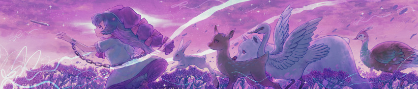 1girl absurdres bear bingkuaihei bird bow chain character_request chinese_commentary closed_mouth commentary_request cuffs dated_commentary deer dress green_dress hat hat_bow highres long_hair long_image meet_again_in_the_night original peacock pink_bow polar_bear purple_eyes purple_hat rabbit shackles short_sleeves solo swan touhou wide_image