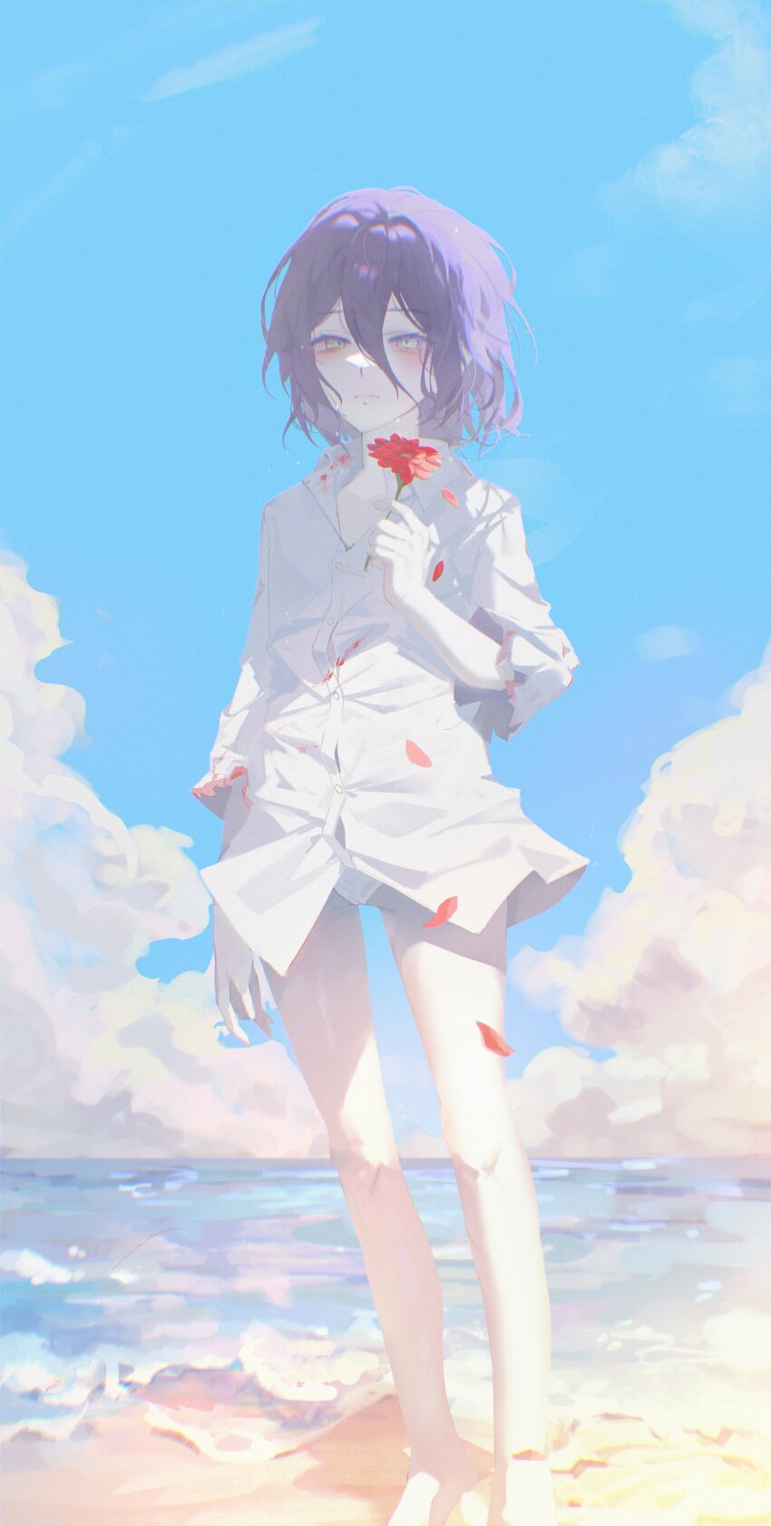 1girl absurdres beach black_hair blood blood_on_clothes chainsaw_man closed_mouth collared_shirt commentary day falling_petals feet_out_of_frame flower green_eyes highres holding holding_flower horizon medium_hair messy_hair no_pants ocean outdoors panties petals red_flower reze_(chainsaw_man) sand shirt shore sky solo standing tokkieee_qian underwear water white_panties