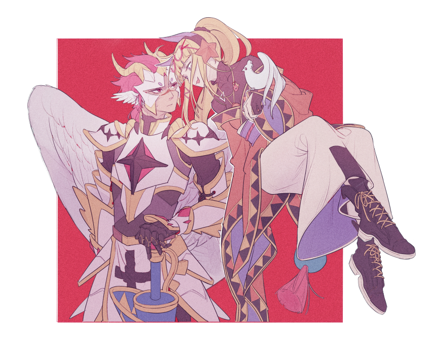 1boy 1girl angel_wings animal_ear_hairband animal_ears armor belt belt_buckle black_footwear black_gloves black_hairband black_sclera black_shirt blonde_hair blunt_bangs boots border brown_belt buckle cat_ear_hairband cat_ears colored_sclera cowboy_shot cross cross-laced_footwear cross_print eye_contact eyewear_on_head fake_animal_ears fake_horns fang feathered_wings full_body galacta_knight glasses gloves hair_ornament hair_ribbon hair_scrunchie hairband hand_on_hilt head_wings helmet highres horned_helmet horns japanese_clothes kimono kirby_(series) lance long_hair long_sleeves looking_at_another multiple_wings nintendo obi open_mouth orange_kimono outside_border pants partially_fingerless_gloves personification pink-framed_eyewear pink_hair pink_ribbon polearm ponytail purple_eyes purple_sash red_background red_eyes ribbon sash scar scar_on_face scrunchie sheath sheathed shirt short_hair short_kimono short_ponytail simple_background sitting smile somayumi star_(symbol) star_dream star_hair_ornament tassel tress_ribbon turtleneck turtleneck_shirt very_long_hair weapon white_border white_helmet white_pants white_wings wide_sleeves wings yellow_horns