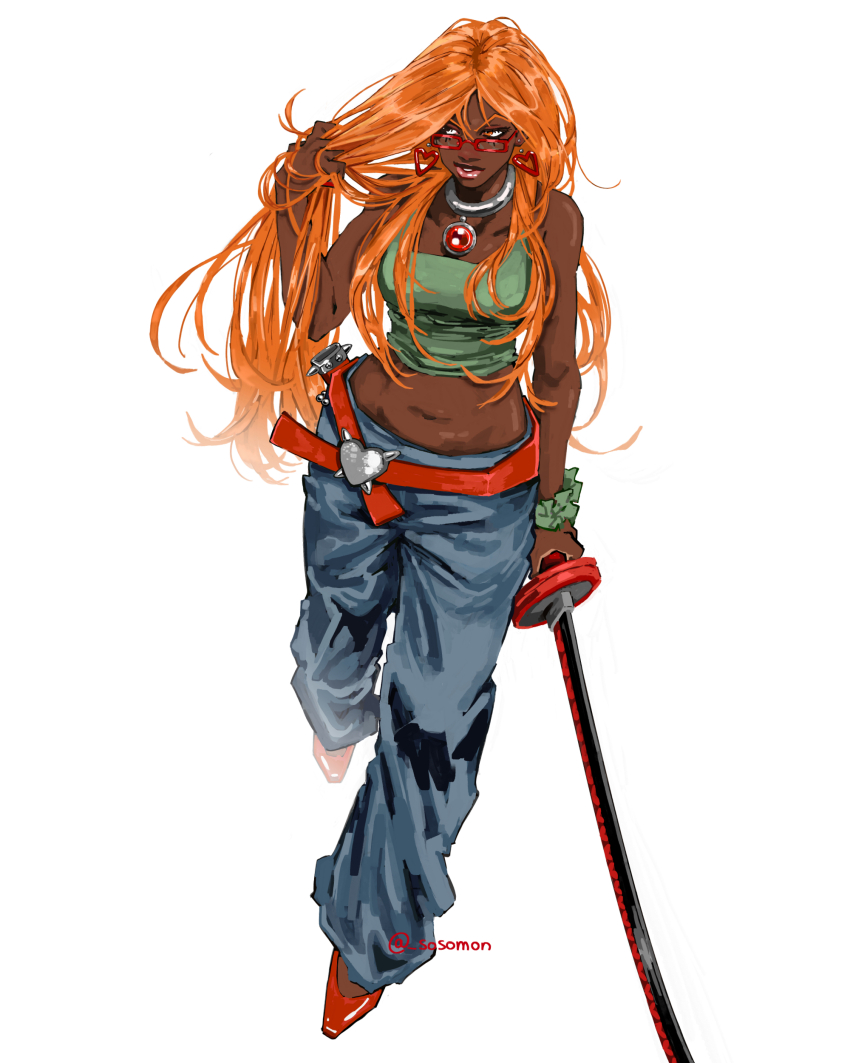 1girl absurdres dark-skinned_female dark_skin highres katana lips pants sosomon sword tagme weapon