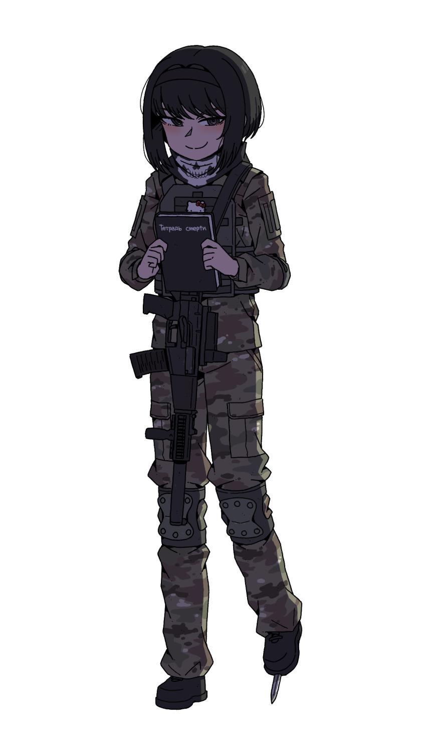 armor as_val assault_rifle black_eyes black_hair book boots bulletproof_vest camouflage combat_boots death_note fsb gun hello_kitty highres holding holding_book kalashnikov_rifle karepack multicam rifle rozalia_osipova(wlcw) russian_text sanrio shoe_knife smug translated we_love_cold_war weapon