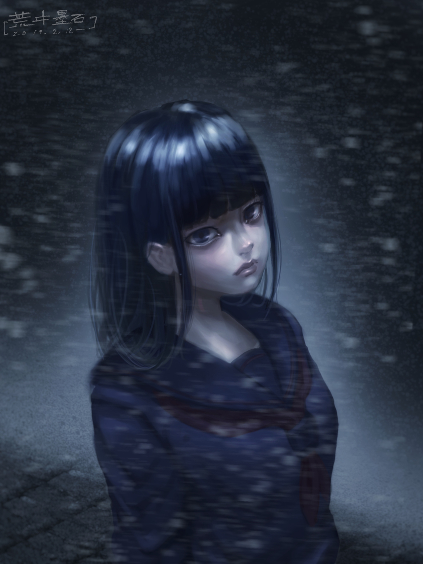 1girl absurdres arai_bokuseki black_hair blunt_bangs closed_mouth expressionless highres lips looking_at_viewer original outdoors procreate_(medium) school_uniform serafuku sidelocks snow upper_body winter