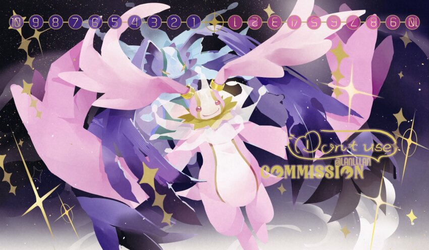 body_fur cherubimon cherubimon_(vice) cherubimon_(virtue) commission digimon digimon_(creature) digimon_card_game english_text full_body lanlllan pink_fur purple_fur smile sparkle star_(sky) yellow_eyes