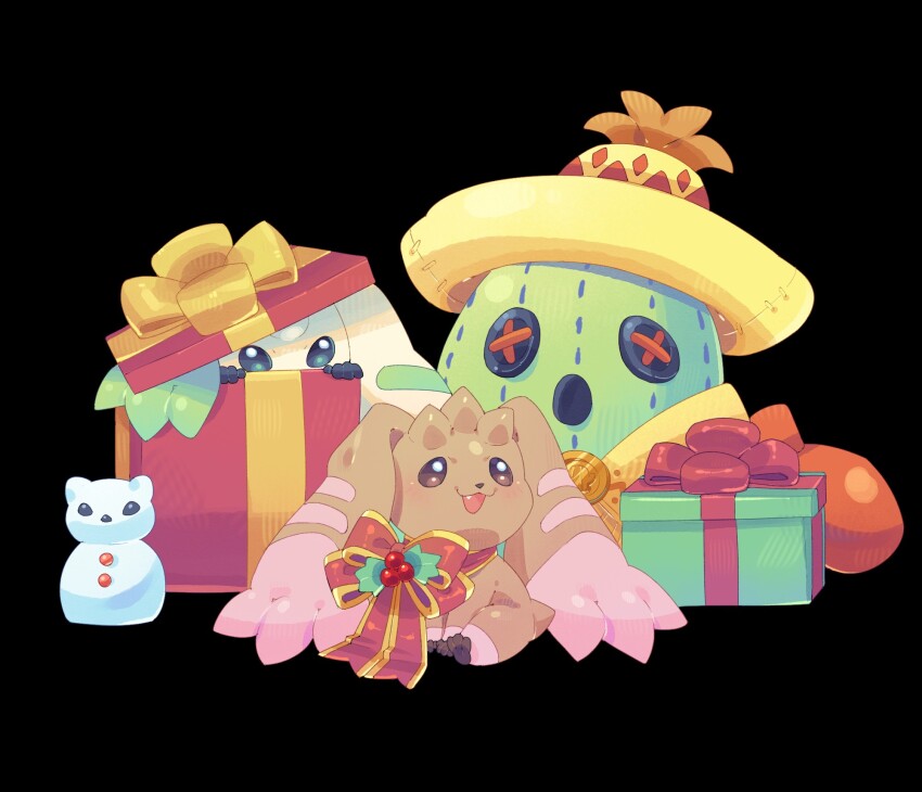 black_background brown_fur button_eyes buttons christmas digimon digimon_(creature) gift gloves hat highres looking_at_another lopmon no_humans pink_fur red_gloves roccoco_co simple_background sombrero terriermon togemon togemon_x-antibody two-tone_fur yukidarumon