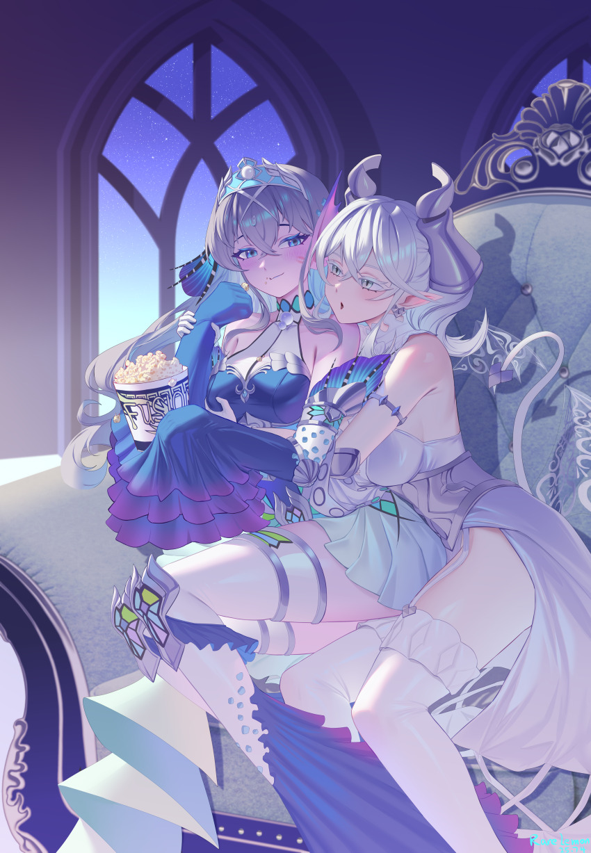 2girls absurdres bare_shoulders blue_dress blush breasts chinese_commentary commentary_request demon_girl demon_horns demon_tail demon_wings dress duel_monster food green_eyes highres horns instant_fusion kitkallos_(yu-gi-oh!) large_breasts long_hair lovely_labrynth_of_the_silver_castle multiple_girls multiple_wings pointy_ears popcorn rare_lemon sitting tail tearlaments_kitkallos tiara transparent_wings white_dress white_wings wings yu-gi-oh! yuri