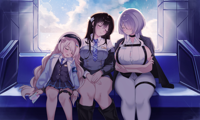 3girls absurdres armband belt black_choker black_corset black_hair black_jacket black_skirt black_vest blue_armband blue_corset blue_jacket blue_necktie blue_sky bow braid breasts brid_(nikke) brid_(silent_track)_(nikke) button_gap chest_harness choker chu.n closed_eyes closed_mouth cloud collared_shirt commentary corset crossed_arms diesel_(nikke) diesel_(winter_sweets)_(nikke) earrings flat_chest goddess_of_victory:_nikke grey_hair hair_between_eyes hair_bow hair_bun hair_ornament hair_over_one_eye hairclip harness hat highres holding holding_ticket indoors infinity_rail_(nikke) jacket jacket_on_shoulders jewelry large_breasts long_hair long_sleeves miniskirt multiple_girls necktie off_shoulder official_alternate_costume open_clothes open_jacket open_mouth pants peaked_cap plaid_clothes plaid_necktie pleated_skirt shadow shirt sideboob sideless_shirt sidelocks sitting skirt sky sleeveless sleeveless_shirt smile snowflake_earrings soline_(frost_ticket)_(nikke) soline_(nikke) striped_necktie teeth thigh_belt thigh_strap ticket tight_clothes tight_pants train_interior twin_braids upper_teeth_only very_long_hair vest white_hat white_pants white_shirt window