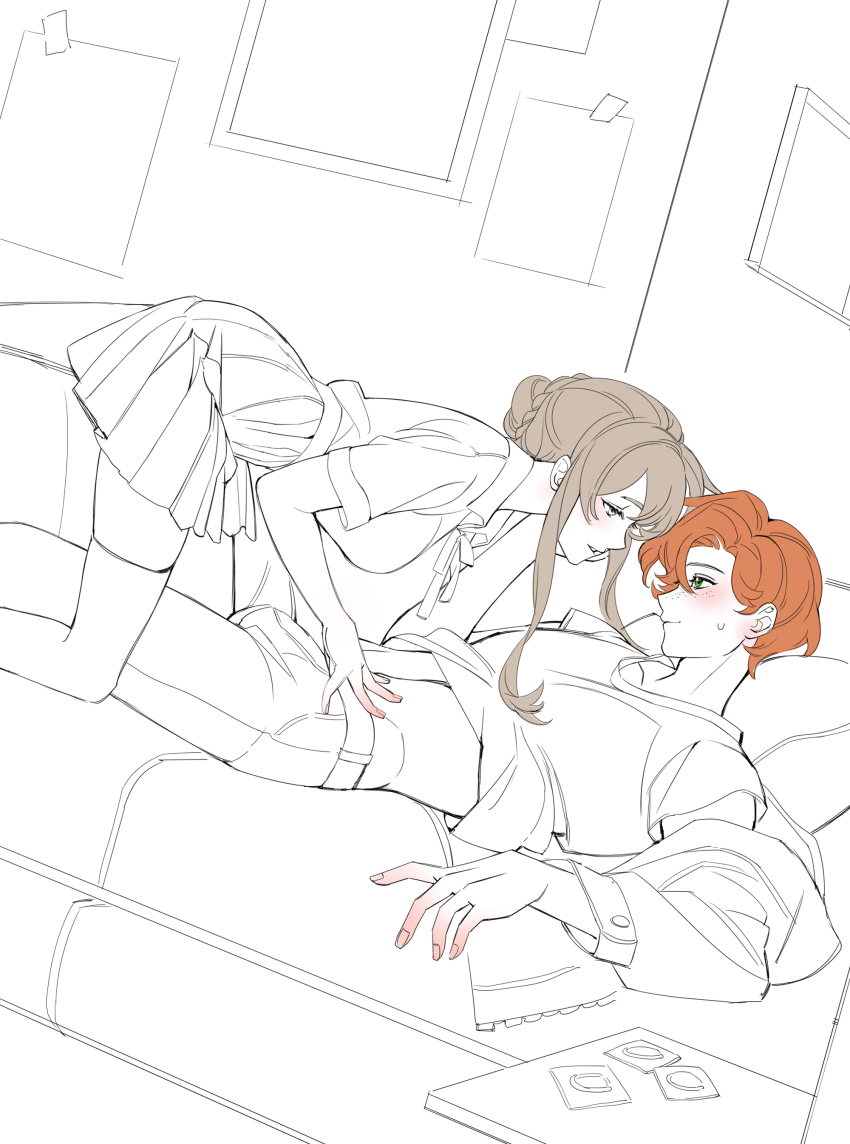 1boy 1girl absurdres bed bedroom blush braid brown_hair bulge closed_mouth condom condom_wrapper degrees_of_lewdity erection erection_under_clothes girl_on_top green_eyes hair_bun highres lou_xiaotiao orange_hair pants partially_colored player_character_(degrees_of_lewdity) player_character_(female)_(degrees_of_lewdity) pleated_skirt robin_(degrees_of_lewdity) robin_(male)_(degrees_of_lewdity) shirt_rolled_up skirt smile sweat