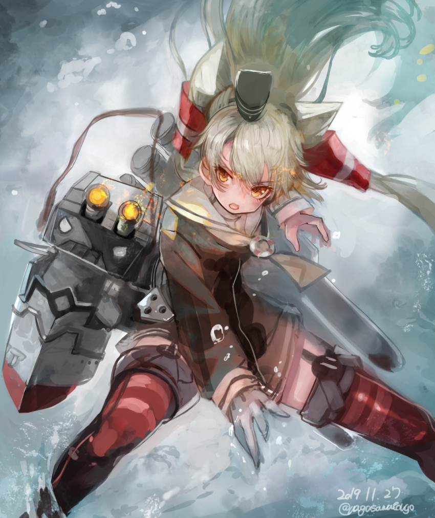 1girl amatsukaze_(kancolle) blush brown_dress dated dress female_focus garter_straps gloves hair_tubes hat highres innertube kantai_collection long_hair long_sleeves mini_hat nagasawa_tougo open_mouth red_thighhighs rensouhou-kun rigging sailor_collar sailor_dress short_dress silver_hair single_glove solo swim_ring thighhighs twitter_username two_side_up water white_gloves yellow_eyes
