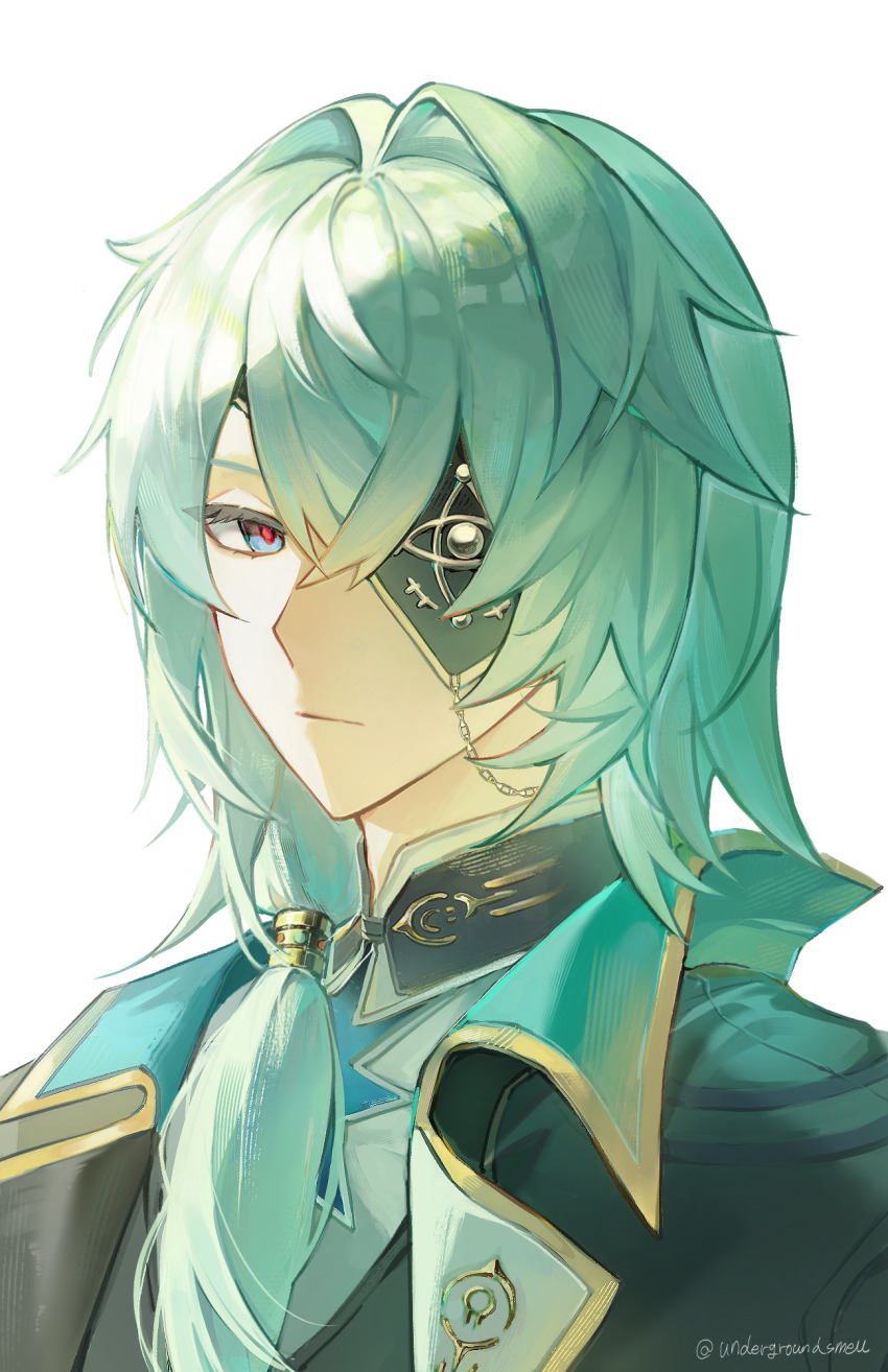 1boy anaxa_(honkai:_star_rail) aqua_hair black_jacket blue_eyes chain closed_mouth eyepatch highres honkai:_star_rail honkai_(series) jacket lapels looking_at_viewer male_focus medium_hair notched_lapels pink_pupils shirt side_ponytail simple_background solo twitter_username undergroundsmel upper_body white_background white_shirt