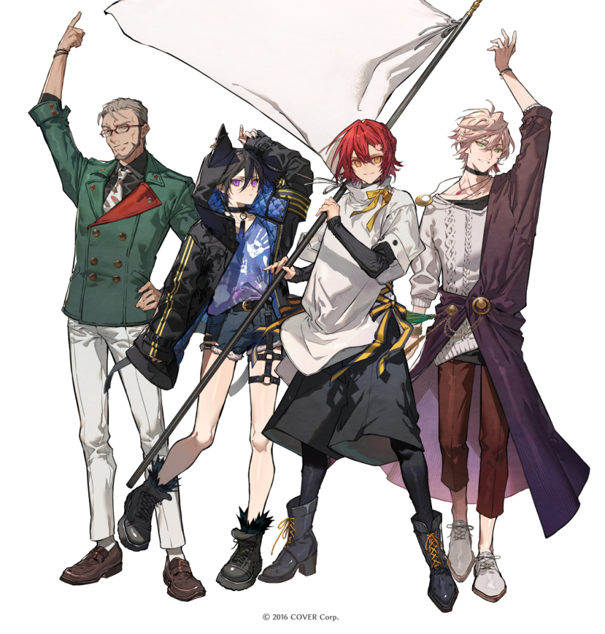 4boys animal_hood arm_up arurandeisu arurandeisu_(old_design) black_hair cat_hood collar commentary_request denim denim_shorts flag full_body green_eyes grey_hair hair_between_eyes hair_ornament hairclip hanasaki_miyabi hanasaki_miyabi_(1st_costume) holding holding_flag holostars hood jacket kanade_izuru kanade_izuru_(1st_costume) looking_at_viewer male_focus multicolored_hair multiple_boys nozaki_tsubata official_art padded_jacket pants pink_hair purple_eyes red_hair rikka_(holostars) shirt short_hair shorts smile standing streaked_hair virtual_youtuber white_background
