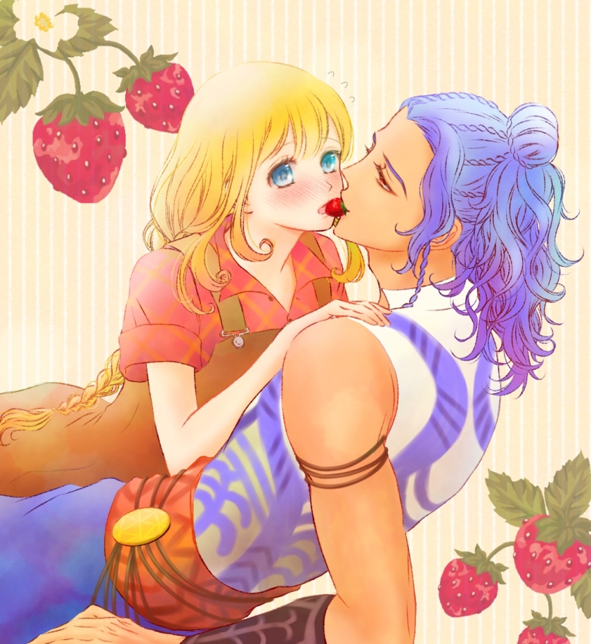 1boy 1girl adam&#039;s_apple arm_support azu_rin_go black_armlet blonde_hair blue_eyes blue_hair blue_pants blush bokujou_monogatari bokujou_monogatari:_mittsu_no_sato_no_taisetsuna_tomodachi braid brown_overalls cornrows cowboy_shot curly_hair curly_sidelocks curtained_hair dark-skinned_male dark_skin flower flying_sweatdrops food food_in_mouth fruit hair_between_eyes hair_bun half-closed_eyes half_updo hand_on_another&#039;s_shoulder hetero highres imminent_kiss leaf long_hair looking_at_another low_twin_braids ludus_(bokujou_monogatari) lying_on_person mouth_hold muscular muscular_male nanami_(bokujou_monogatari) nose_blush overall_skirt overalls pants plaid_clothes plaid_skirt red_eyes red_shirt scarf_belt shirt short_sleeves side_ponytail single_hair_bun single_sidelock skirt sleeveless_tunic strawberry striped_background tunic twin_braids vertical-striped_background very_long_hair white_tunic yellow_background
