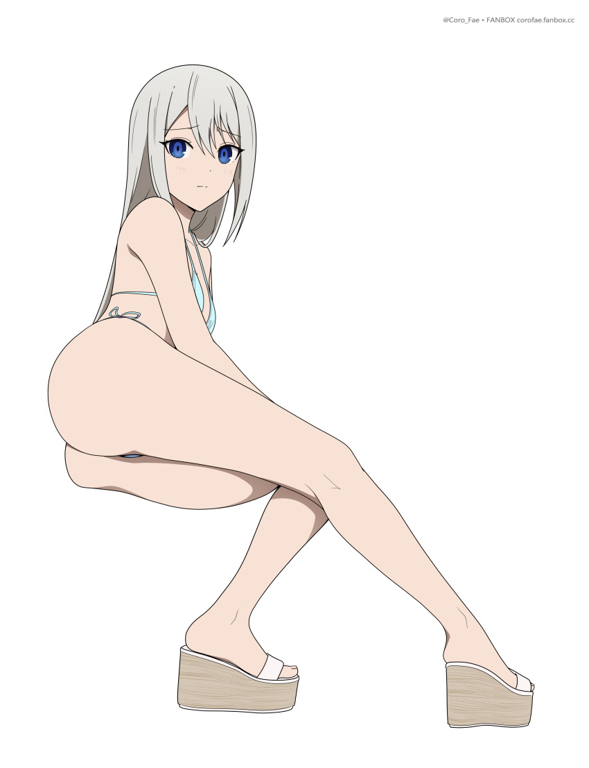 1girl absurdres aqua_bikini ass bare_legs bikini blue_eyes breasts coro_fae fanbox_username full_body grey_hair highres kaguya-sama_wa_kokurasetai_~tensai-tachi_no_renai_zunousen~ legs long_hair looking_at_viewer lying on_side platform_sandals raised_eyebrows sandals shirogane_kei side-tie_bikini_bottom simple_background small_breasts solo straight_hair swimsuit thighs toes watermark web_address white_background