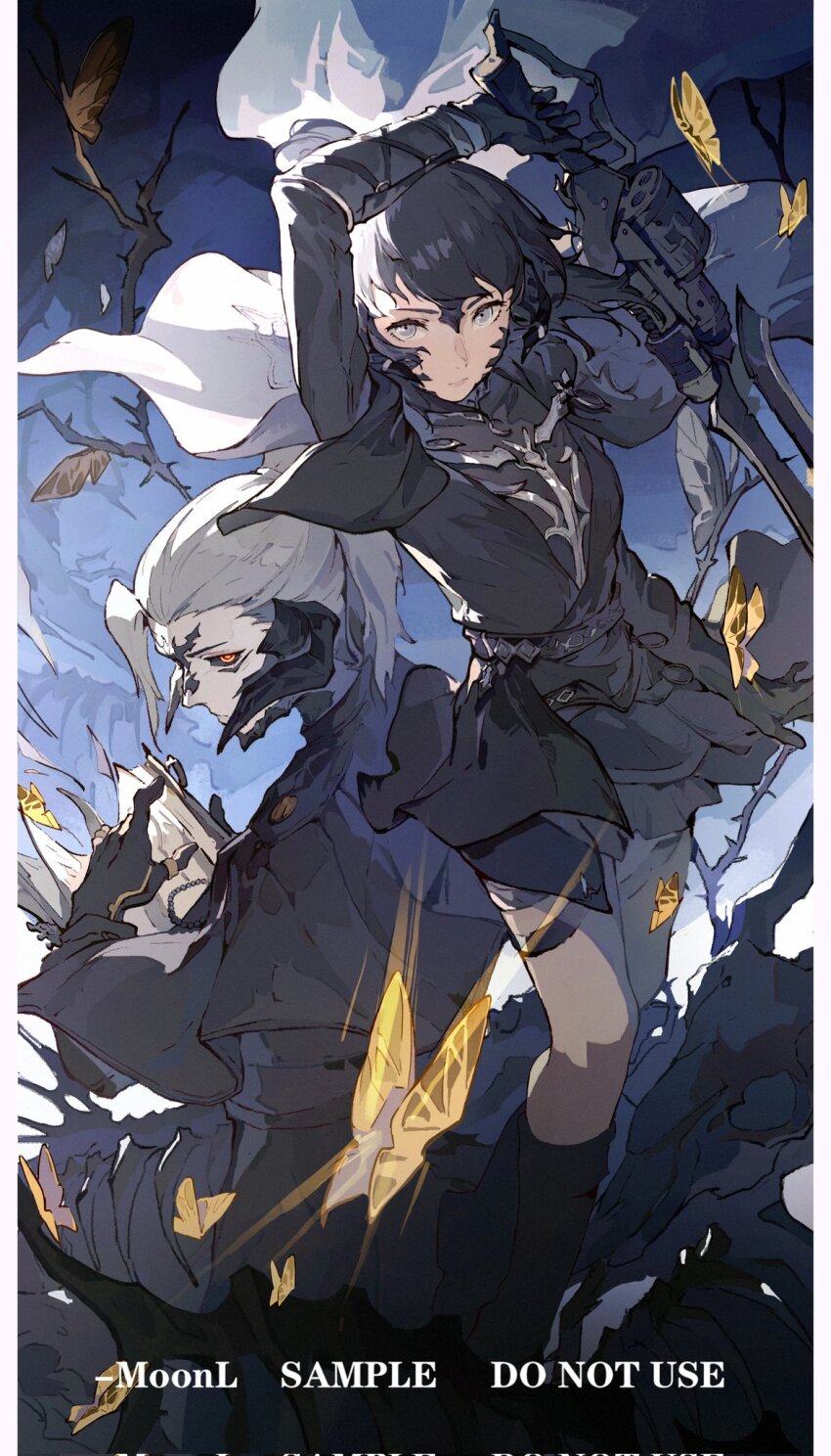 1boy 1girl arm_up artist_name au_ra black_boots black_dress black_gloves black_hair black_horns black_robe black_sclera book boots bug butterfly colored_sclera commentary corrupted_twitter_file dress final_fantasy final_fantasy_xiv gloves grey_eyes gunblade gunbreaker_(final_fantasy) highres holding holding_book holding_weapon horns insect moonl111 original pillarboxed ponytail robe scholar_(final_fantasy) short_hair symbol-only_commentary warrior_of_light_(ff14) weapon white_hair yellow_butterfly yellow_eyes