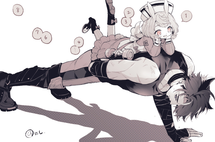 1boy 1girl :d animal_ears arm_behind_back artist_name black_choker black_footwear black_gloves black_hair black_shirt boots choker commentary_request counting dress dumbbell exercising fingerless_gloves frilled_dress frills genshin_impact gloves grey_pants greyscale hat head_rest high_heel_boots high_heels long_sleeves lying lying_on_person medium_hair monochrome multicolored_hair on_stomach open_mouth pants parted_bangs parted_lips purple_eyes push-ups red_eyes scar scar_on_arm shadow shirt short_hair sigewinne_(genshin_impact) simple_background sleeveless sleeveless_shirt smile speech_bubble spot_color streaked_hair sweat tanuki_nishi white_background white_headwear wriothesley_(genshin_impact)