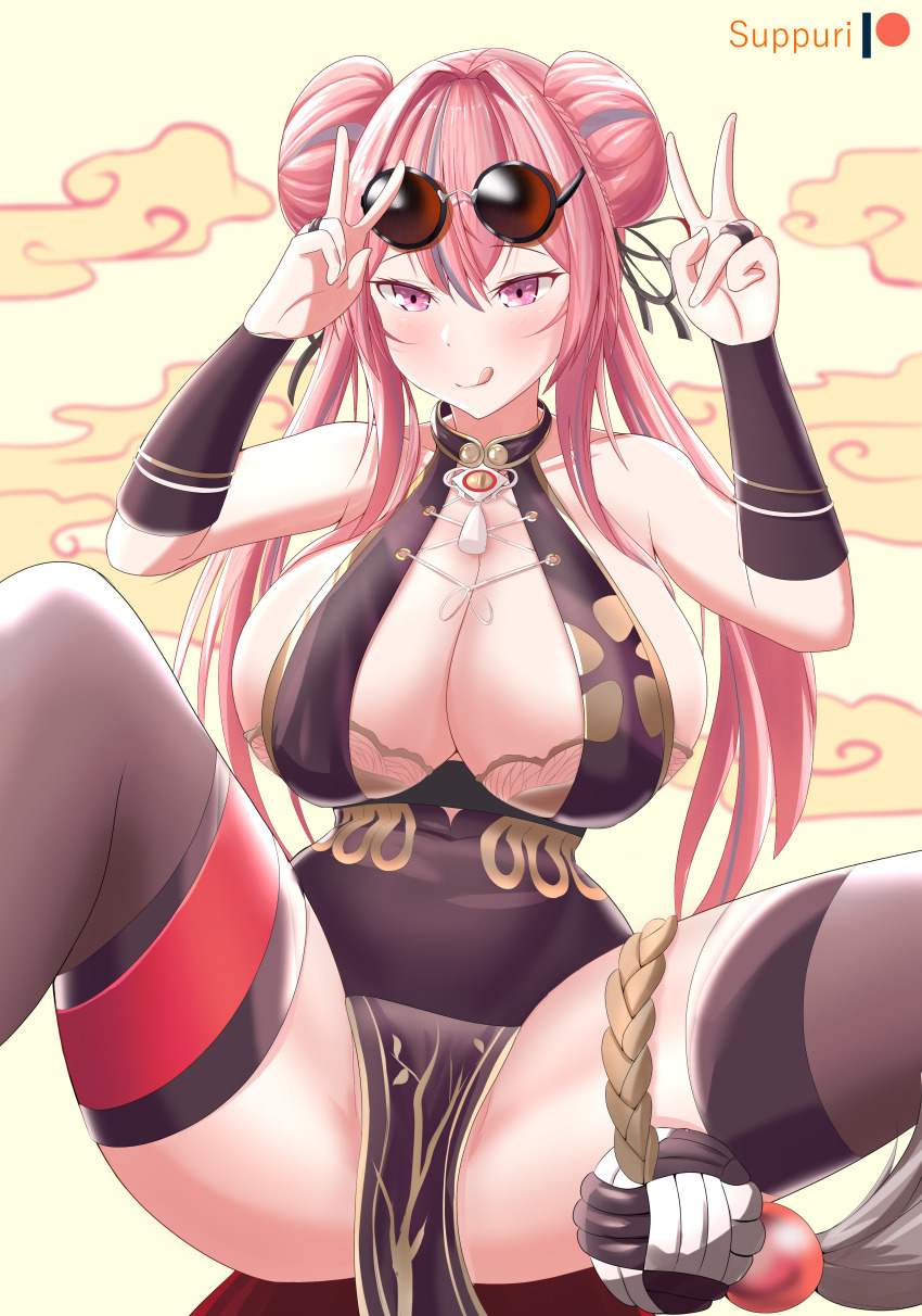 1girl :q absurdres azur_lane bare_shoulders black_dress black_thighhighs blush bra bra_peek braid braided_bun breasts bremerton_(azur_lane) bremerton_(kung_fu_cruiser)_(azur_lane) bridal_gauntlets brown_bra china_dress chinese_clothes cleavage closed_mouth cloud_background collarbone commentary commentary_request covered_navel double_bun double_v dress english_commentary eyewear_on_head grey_hair groin hair_between_eyes hair_bun hair_intakes hair_ornament hands_up highres invisible_chair large_breasts long_hair looking_at_viewer multicolored_hair no_mole official_alternate_costume patreon_username pelvic_curtain pink_eyes pink_hair revision round_eyewear sidelocks sitting sleeveless sleeveless_dress smile solo strapless strapless_bra streaked_hair suppuri thighhighs tinted_eyewear tongue tongue_out underwear v