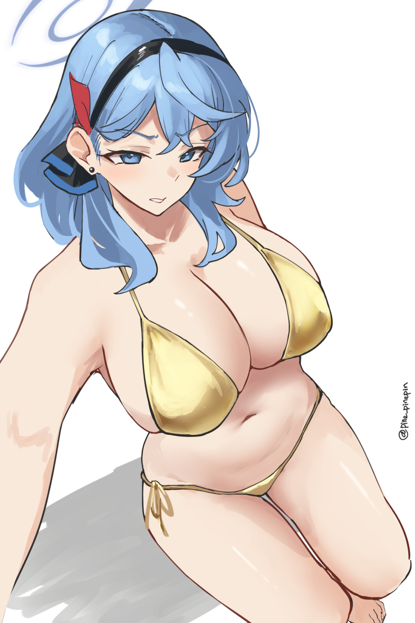 1girl absurdres ako_(blue_archive) artist_name bikini black_hairband blue_archive blue_eyes blue_hair blue_halo breasts cleavage commentary earrings gold_bikini hair_between_eyes hairband halo highres jewelry large_breasts looking_at_viewer medium_hair outstretched_arm pinepin side-tie_bikini_bottom simple_background solo stud_earrings swimsuit thighs white_background