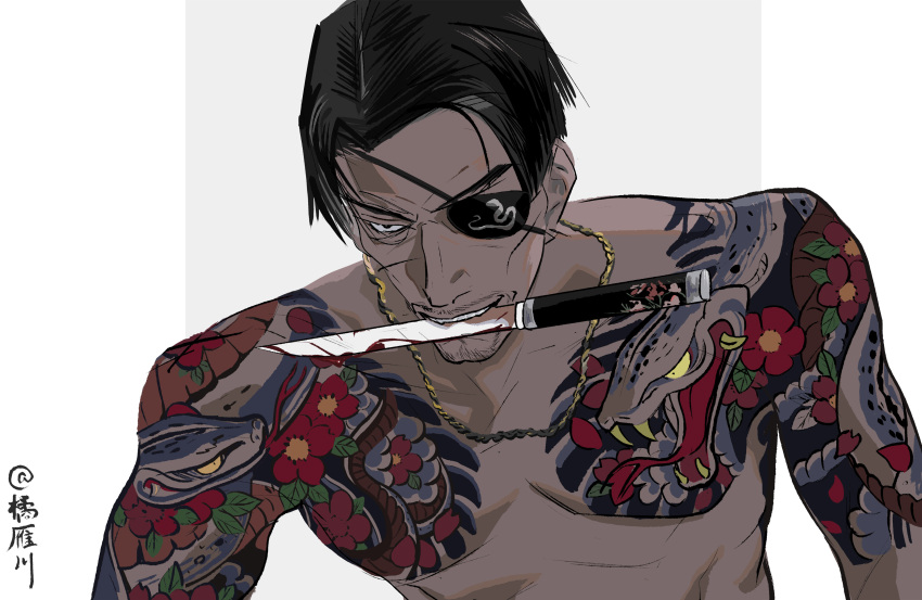1boy absurdres arm_tattoo black_hair eyepatch facial_hair furrowed_brow highres jewelry juyanmai knife knife_in_mouth majima_goro male_focus necklace ryuu_ga_gotoku_(series) short_hair shoulder_tattoo simple_background tattoo upper_body white_background yakuza